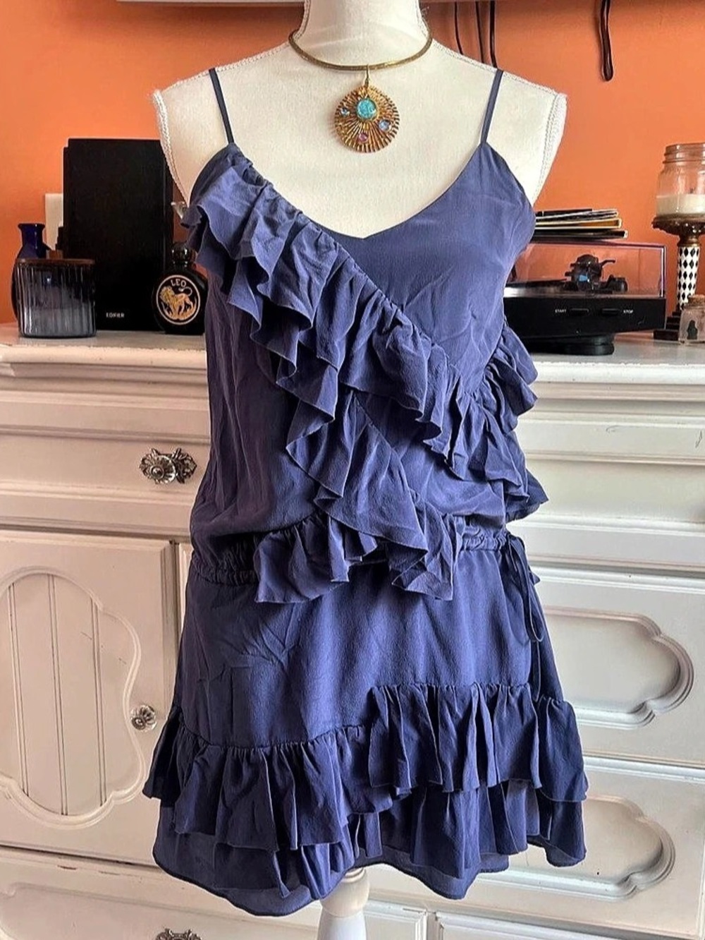 Banana Republic Ruffle Mini Dress in Blue Size Small